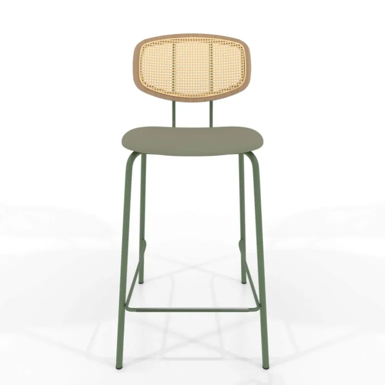 Ritmo Tabouret snack rétro avec dossier cannage rotin et assise en simili