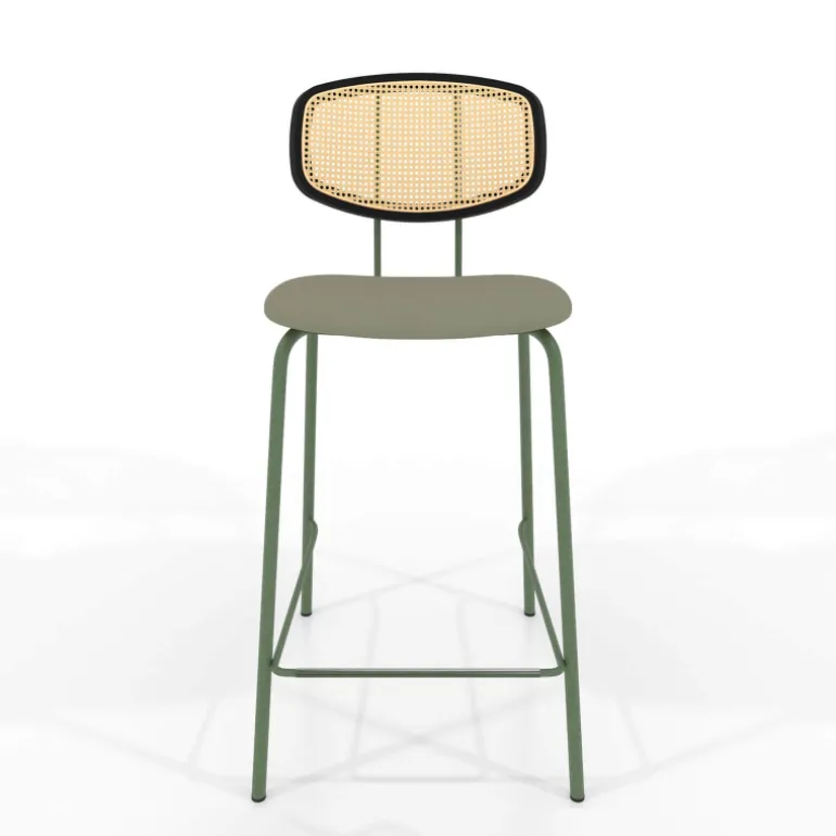 Ritmo Tabouret snack rétro avec dossier cannage rotin et assise en simili